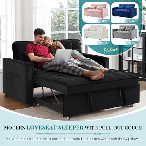 Antetek Modern Velvet 3-in-1 Sleeper Sofa Bed, Reclining Lounge Living Room Furniture, Black