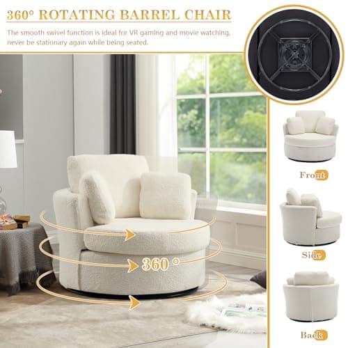 Oversized Ivory Swivel Arm Chair with 3 Pillows for Living Room, Bedroom, and Reading