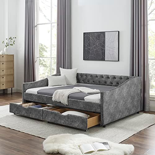 Upholstered Full Size Daybed with Storage and Headboard (Beige)