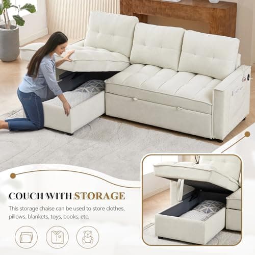 Convertible Sectional Sleeper Sofa Couch with Pull Out Bed,78" Tufted Chenille L Shaped Couch w/ Reversible Storage Chaise&USB/Type C Charge Port for Living Room,Office,Apartment(3-Seater,Beige)