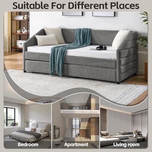 Modern Upholstered Daybed with Storage and Trundle Frame, Grey