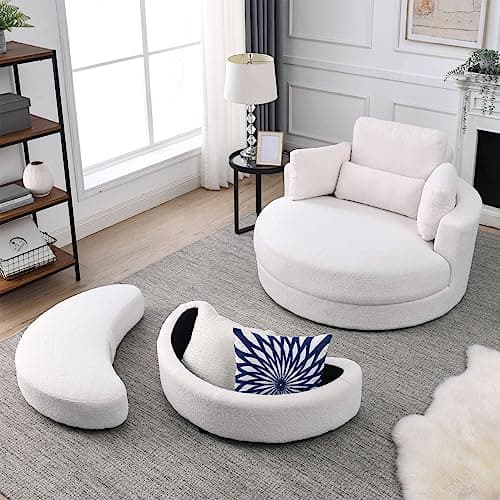 Triple Tree Modern Swivel Lounge Chair with Half Moon Storage, Linen Fabric, White