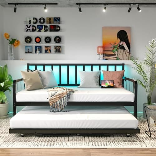 MU Black Metal Daybed with Trundle, Charging Station, and LED Lights