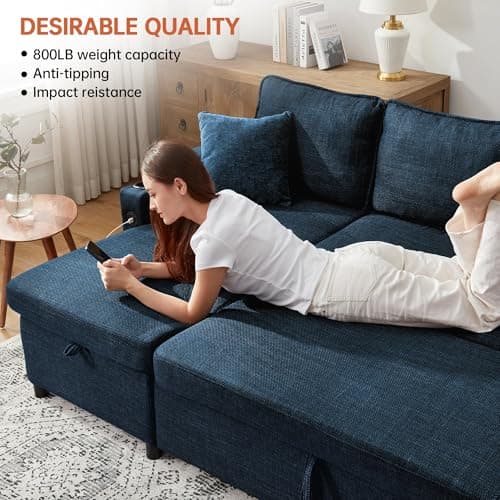 DURASPACE Blue Linen L-Shaped Sofa Bed with Storage (USB, Cup Holder)