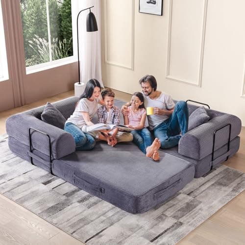 Grey Convertible Sleeper Sofa Bed with Memory FoamMattress&Cylindrical Pillows