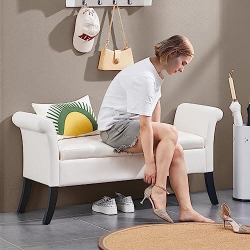 Yaheetech 52in Tufted Faux Leather Ottoman Bench with Arms White