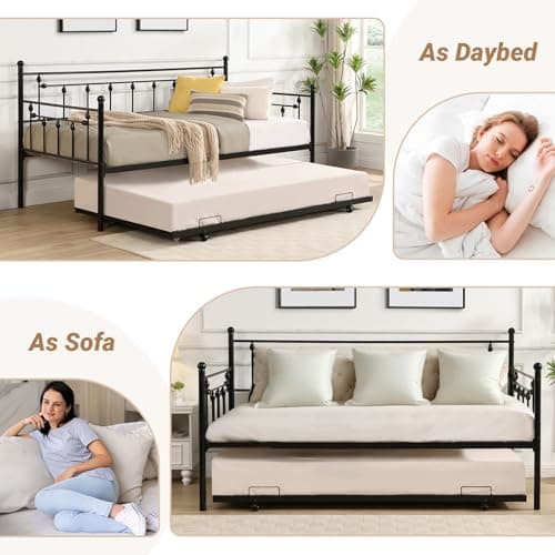 Black Twin Metal Daybed with Trundle - Heavy-Duty Sofa Bed for Bedroom or Guest Room, Easy Assembly