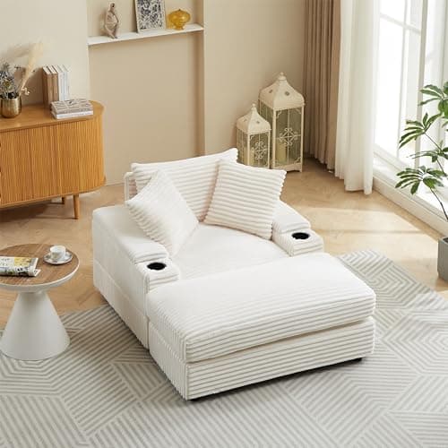 Eafurn Corduroy Upholstered Chaise Lounge Sofa with Ottoman & Cupholders
