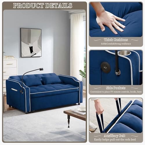 Convertible Sleeper Sofa Bed with USB Port - Blue color