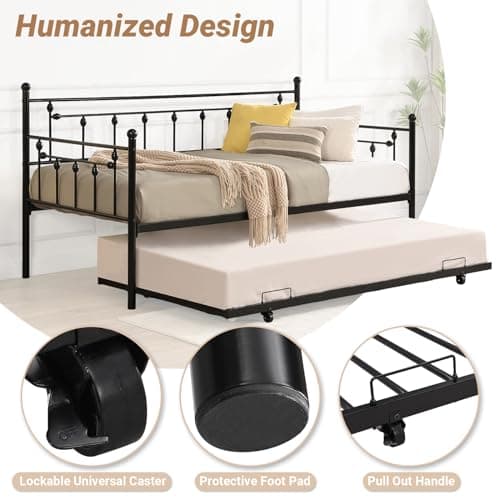 Black Twin Metal Daybed with Trundle - Heavy-Duty Sofa Bed for Bedroom or Guest Room, Easy Assembly