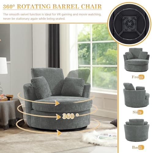 Set of 2 JEEOHEY Modern Chenille Swivel Barrel Chairs with Pillows - Grey Accent Arm Chairs for Living Room, Nursery, Bedroom, Office