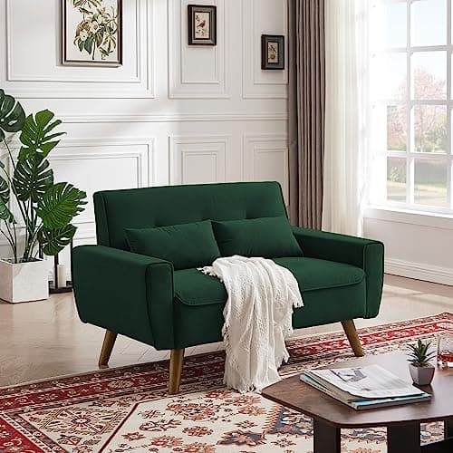 Mid Century Green 2 Seater Loveseat with Wooden Legs