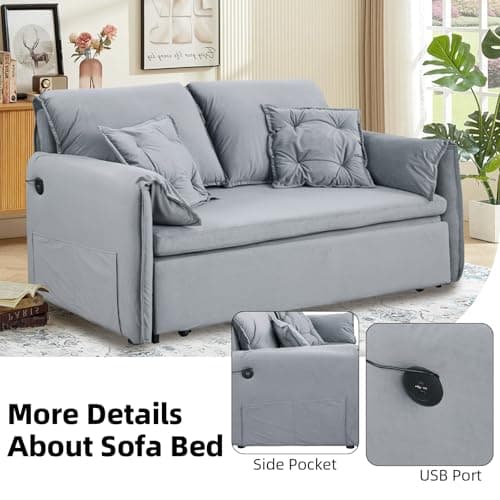 3-in-1 Queen Size Futon Sofa Bed with USB, Side Storage, Grey