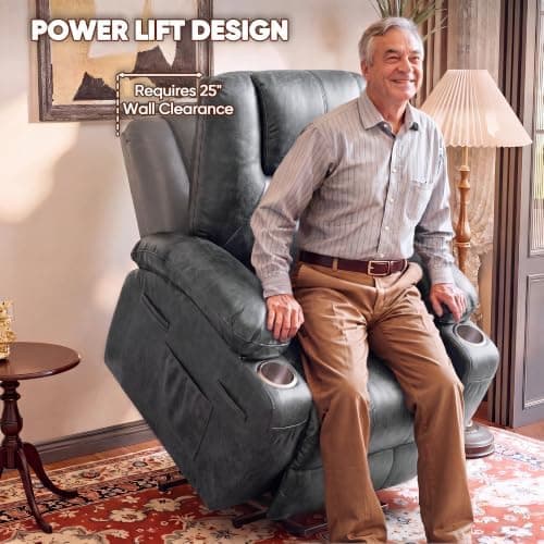 Flamaker Power Lift Recliner Chair PU Leather with Massage for Elderly Ergonomic Lounge Chair Classic Single Sofa with 2 Cup Holders Side Pockets Home Theater Seat (Leather, Light Black)