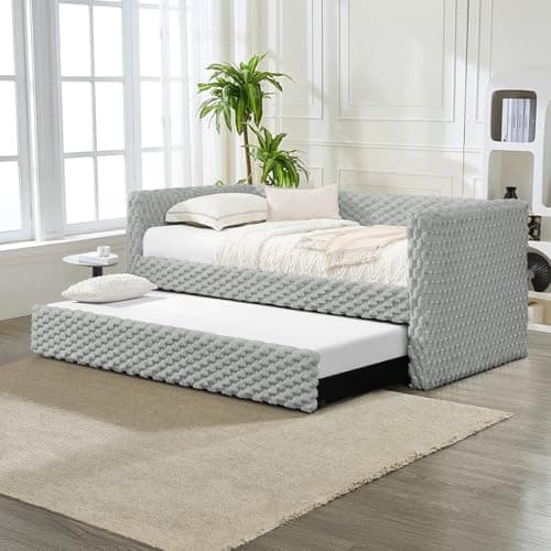 Plaid Corduroy Twin Daybed with Trundle, Grey Tufted Modern Sofa Couch