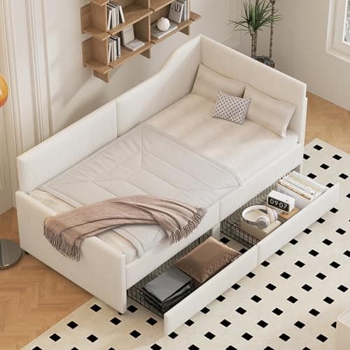 Merax Beige Corduroy Twin Daybed with Storage & Wood Slat Support
