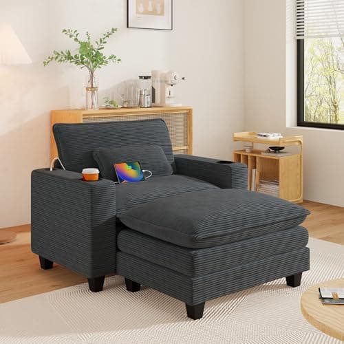 Oversized Grey Corduroy Chaise Lounge Chair with Ottoman & USB Port