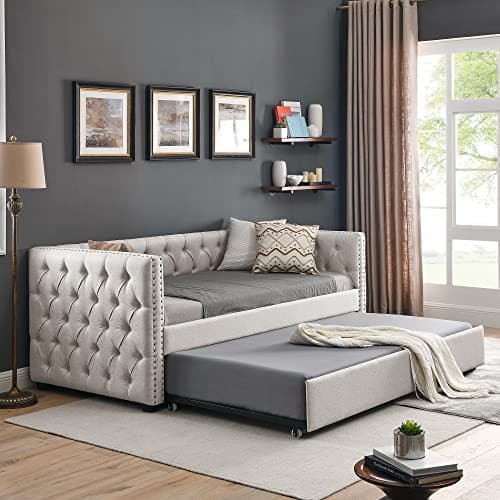 Twin Size Nailhead Trim Button Tufted Daybed with Storage Drawers, Grey