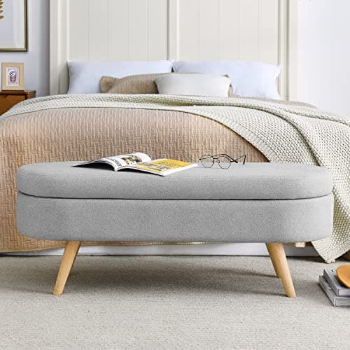 End of Bed Storage Ottoman Bench, 43 Oval Linen Fabric Vanity Bench