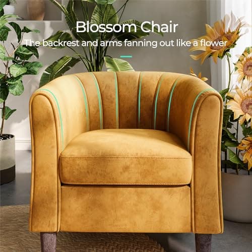 LINSY Velvet Accent Chair with Ottoman, Modern Barrel Reading Chair, Yellow