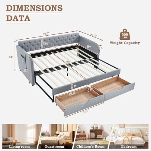 Twin Size Day Bed with Trundle and Storage Drawers in Grey