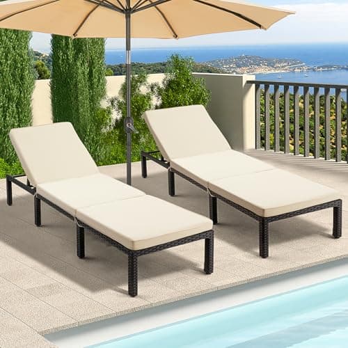 ECOTOUGE Khaki PE Wicker Pool Lounge Chair Set, 5-Position Adjustable Backrest