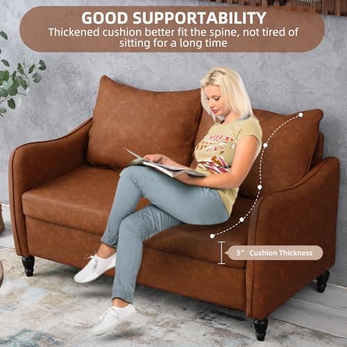 Mid Century Modern Brown PU Leather 2 Seat Sofa for Small Spaces