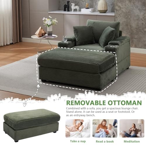 Oversized Green Corduroy Chaise Lounge with Storage & Ottoman, Reclining Sofa Bed