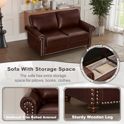 Burgundy Mid Century Faux Leather Sofa Set with Storage & Nailhead Trim