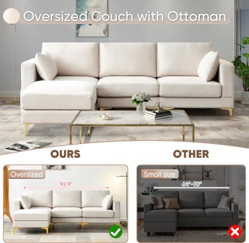 JEEOHEY Gold Metal Legs 3 Seat Oversized L-Shaped Sectional Sofa, Beige