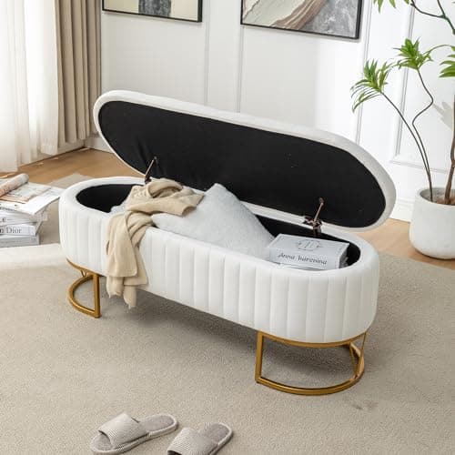 Modern Velvet Upholstered Storage Bench with Golden Metal Legs - Ivory