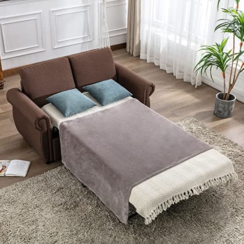Merax Sleeper Couch with Pull Out Bed, Compact Brown Sofa for Living Room or Bedroom, Includes Mattress