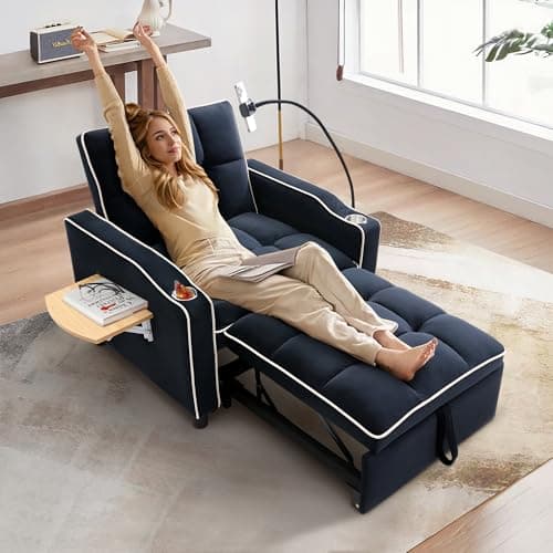 3-in-1 Velvet Tufted Recliner Sleeper Chair Bed with Phone Holder & Side Table (Blue)