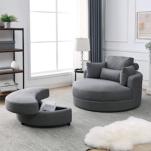 Triple Tree Modern Swivel Lounge Chair with Half Moon Storage, Linen Fabric, White