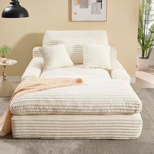 Eafurn Corduroy Upholstered Chaise Lounge Sofa with Ottoman & Cupholders