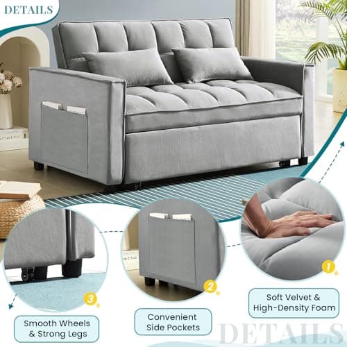 Antetek Modern Velvet Reclining Sleeper Sofa Bed, Grey