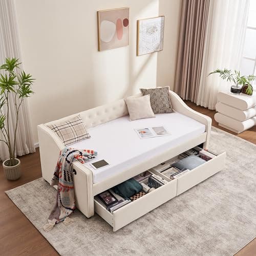 Beige Twin Size Daybed with Storage and USB Port