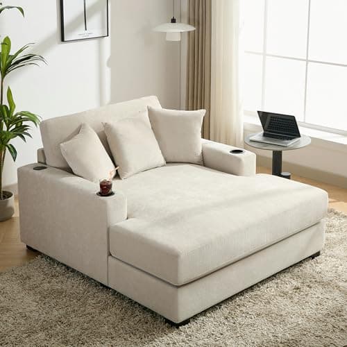 Blue-gray 55" Oversized Chaise Lounger with Chenille Fabric, Pillows, Charge Station & Cup Holders