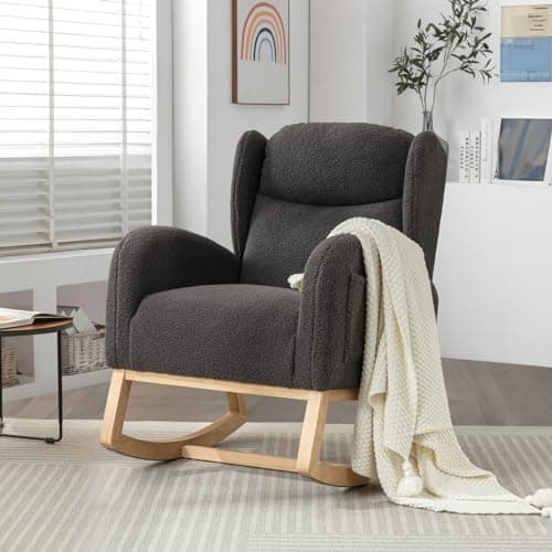 Rocking Chair for Nursery: Teddy Upholstered Glider with Side Pockets and High Backrest in Black