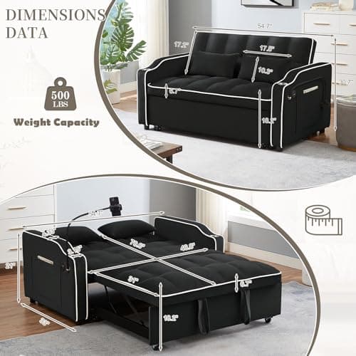 JEEOEHY 3-in-1 Convertible Velvet Sleeper Sofa Bed with USB Port, Adjustable Backrest, Phone Stand, and Cup Holder for Small Spaces (Black)