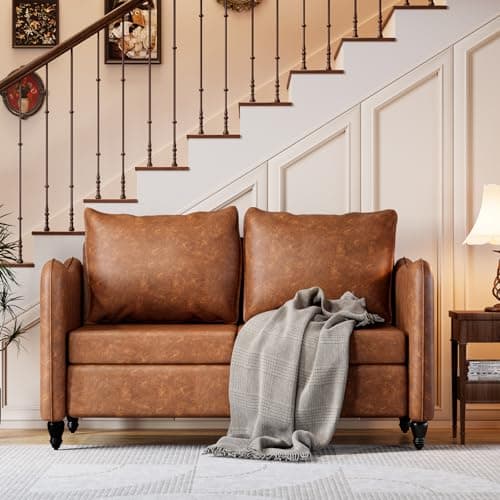 Mid Century Modern Brown PU Leather 2 Seat Sofa for Small Spaces