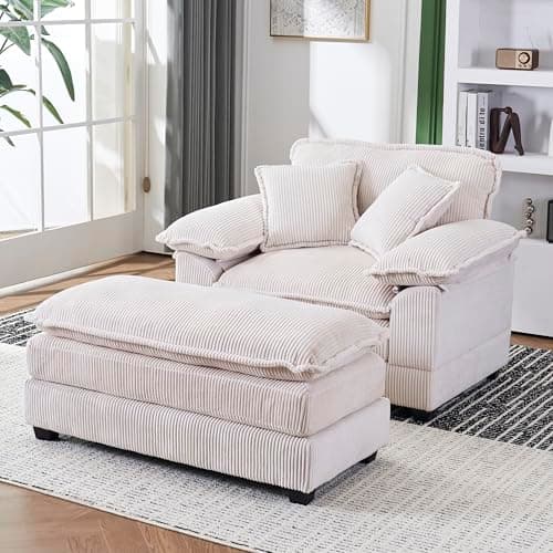 Oversized Cream White Corduroy Chaise Lounge Chair & Ottomans