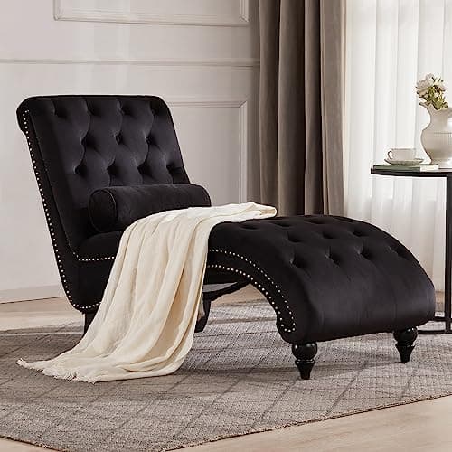 Beige Button-Tufted Armless Chaise Lounge with Solid Wood Legs & Pillow for Living Room