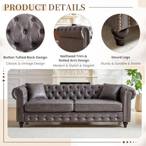 Mid-Century Modern Grey 3-Seater Oversized Sofa, Button Tufted & Nailhead Trim