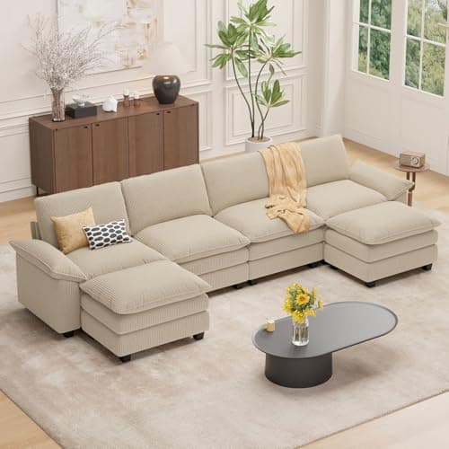 Beige L-Shaped 4-Seat Cloud Couch Sectional Sofa with Ottoman