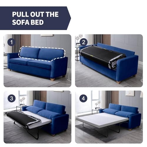 ZAFLY 77" Pull Out Sofa Bed, Memory Foam Mattress - Blue