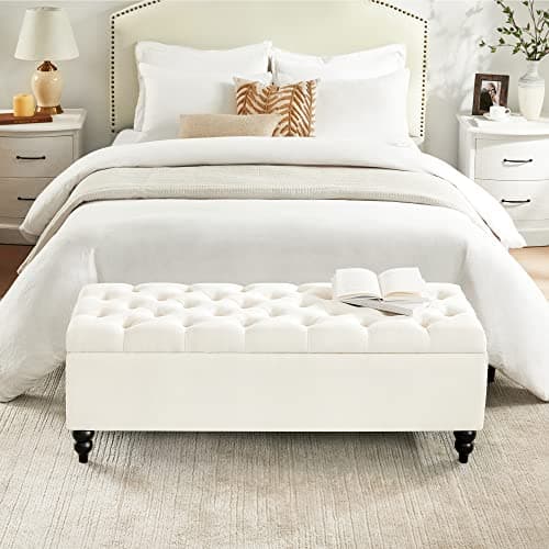 Ivory Upholstered Storage Ottoman Bench with Large Blanket Storage (50.2")