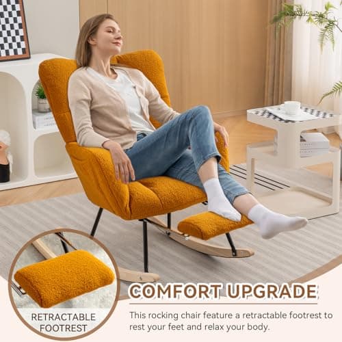 JEEOHEY Teddy Glider Rocking Chair with Footrest and High Backrest for Nursery, Living Room, and Bedroom (Caramel)