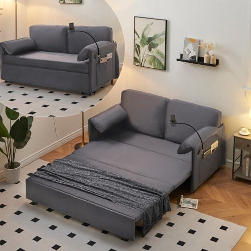 3-in-1 Queen Size Futon Sofa Bed with USB, Side Storage, Grey
