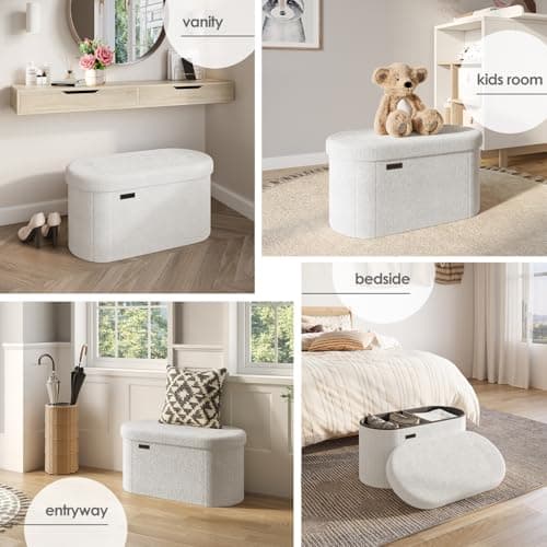 StorageBud White Boucle Oval Ottoman Bench with Storage, 30" Bed End, Foldable Footrest Max 660lbs
